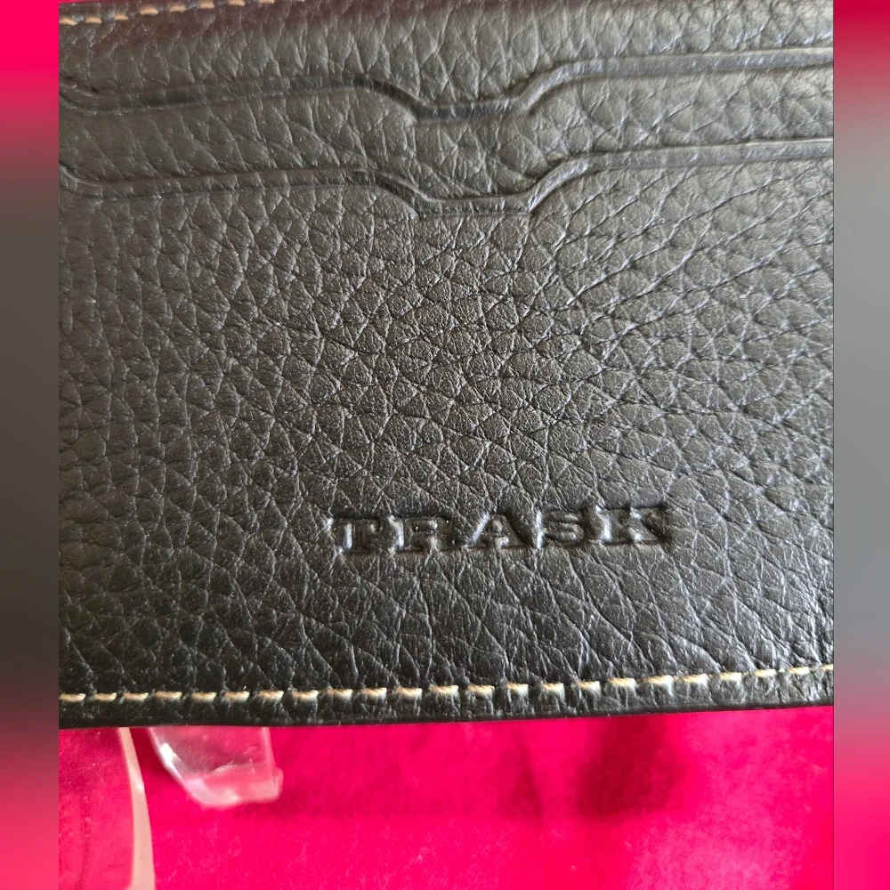 Trask Black Leather Money Clip with Contrast Stitching and Bull Logo